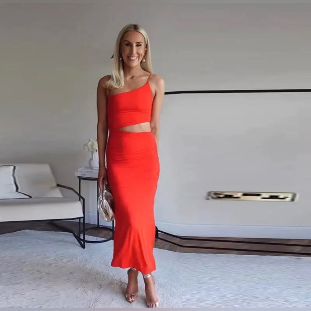 WOMAN ZARA NEW CUT OUT ASYMMETRICAL DRESS RED - Picture 9 of 16
